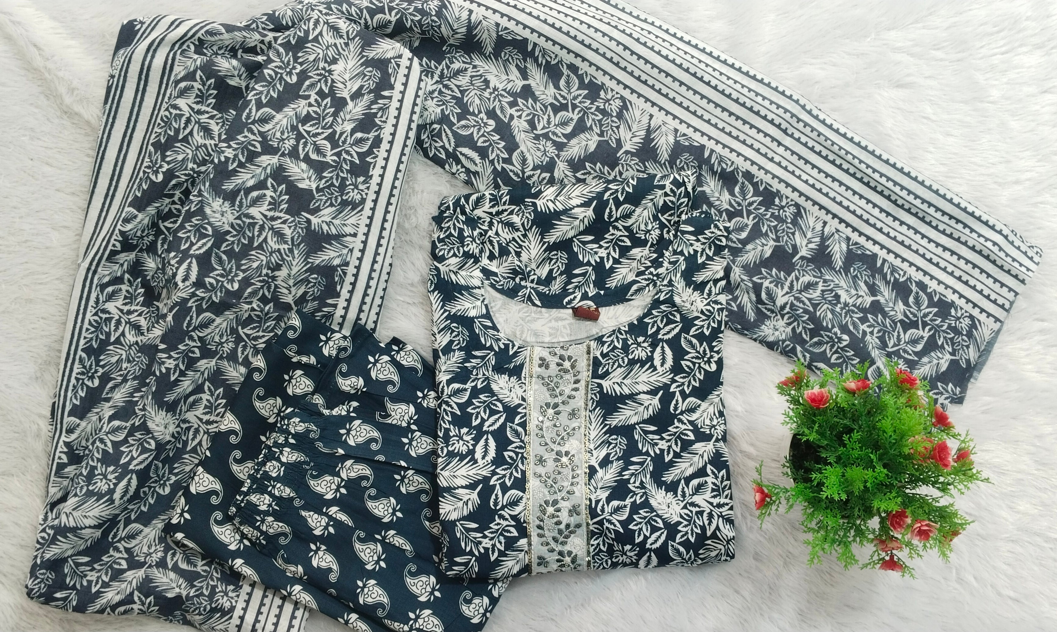 Blue Kurti With Dupatta & Pant