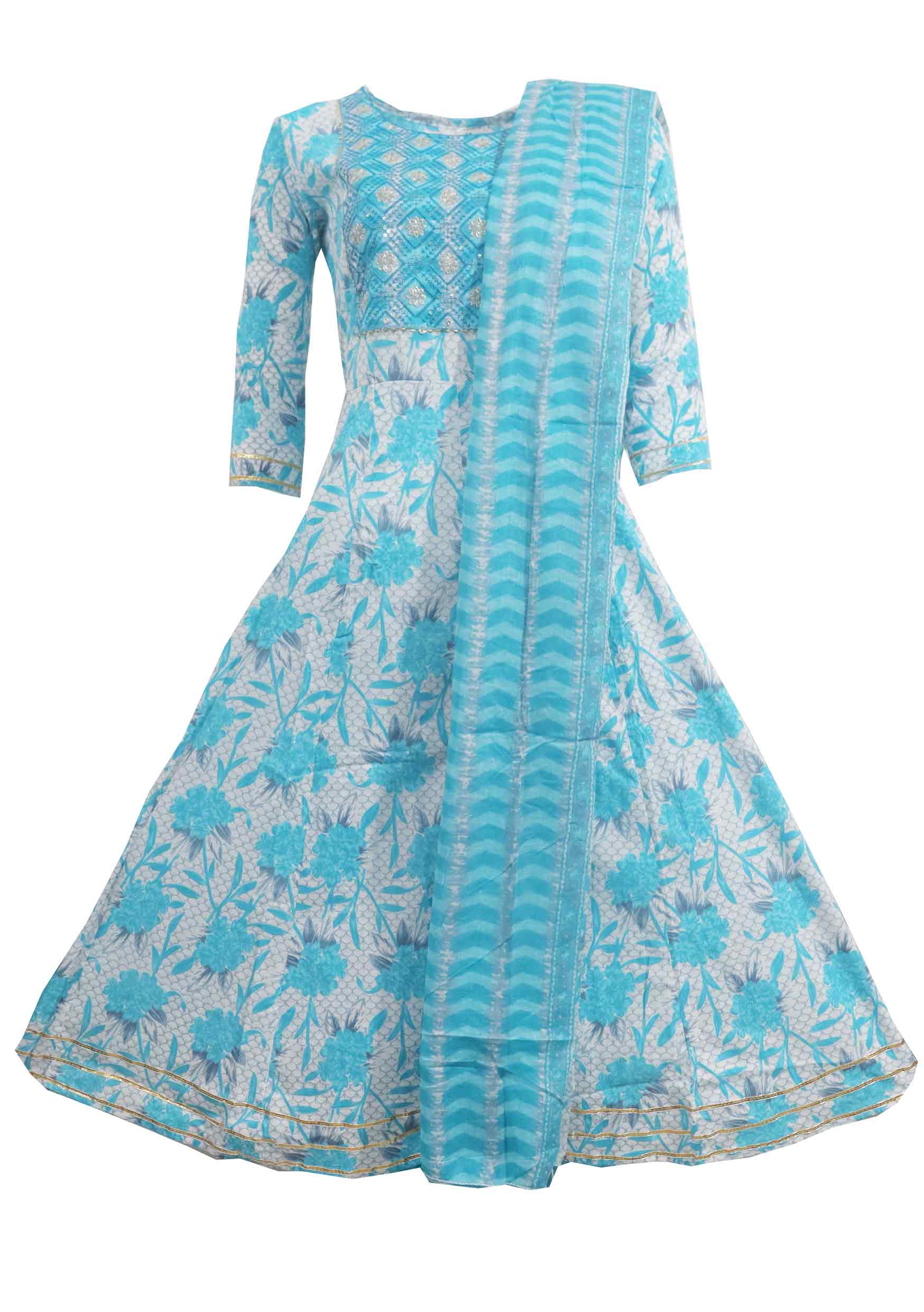 Sky Blue Anarkali Kurta With Pant & Duppata
